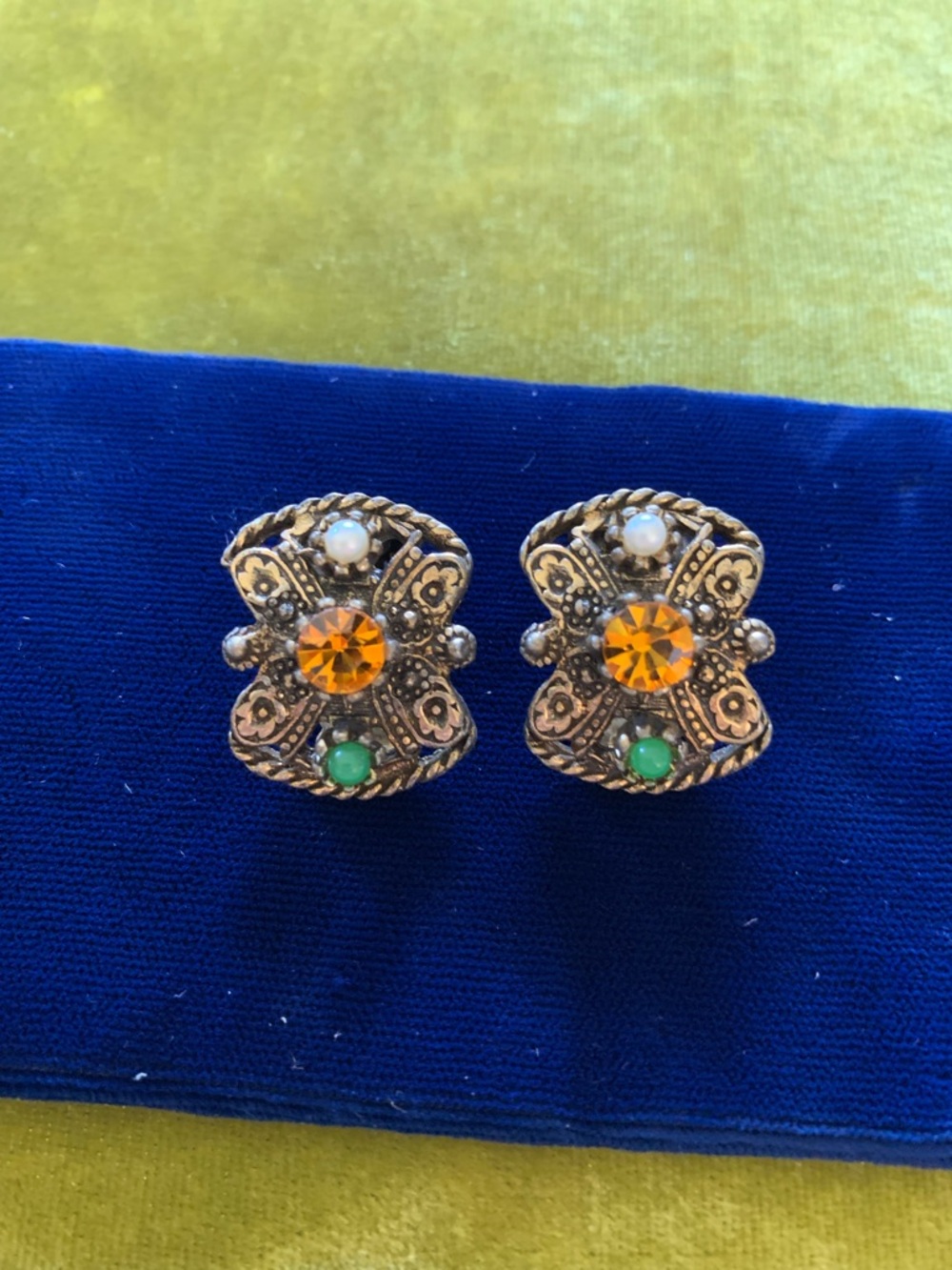 Vintage Gold Floral Clip On Earrings with Orange and Green Stones